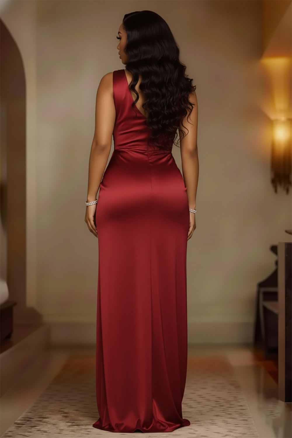 Ruched Solid Color Slim Fit Slit Gowns Maxi Tank Dresses-Gold