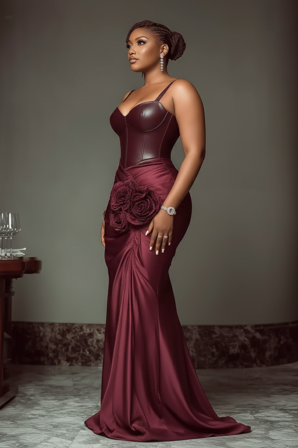 PU Leather Contrast 3D Flower Wrapped Party Cami Maxi Dresses-Red