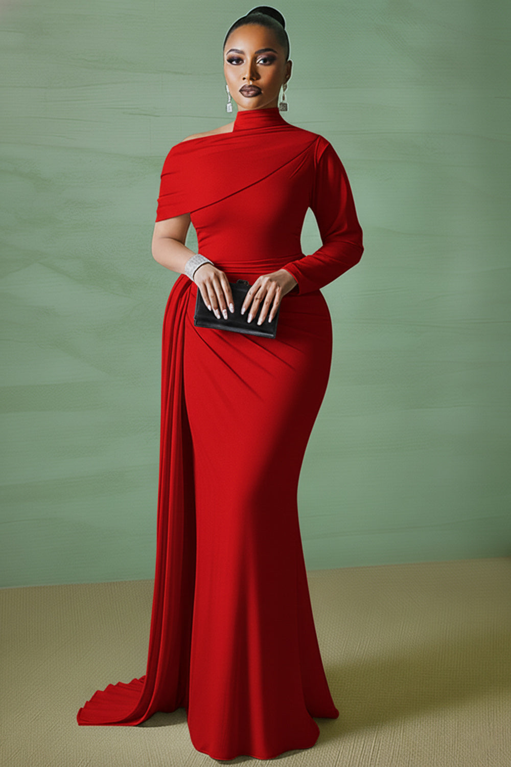 Asymmetric Mock Neck Long Sleeve Sash Party Maxi Dresses-White