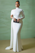 Asymmetric Mock Neck Long Sleeve Sash Party Maxi Dresses-White