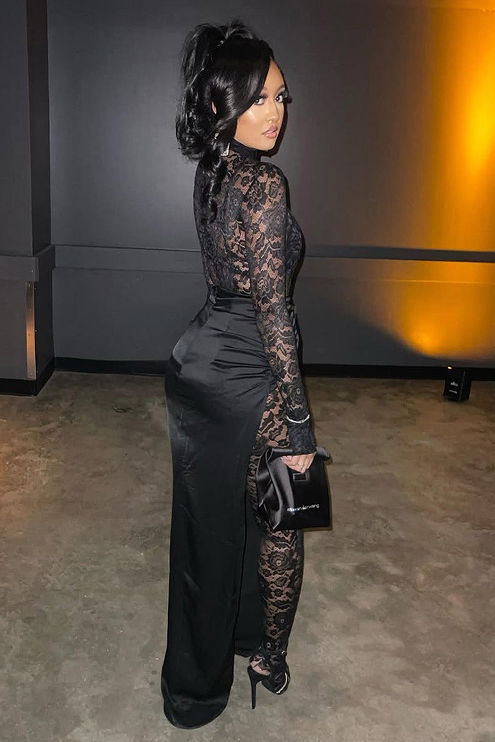 Mock Neck Bodycon Lace Jumpsuit Maxi Skirt Party 2pcs Set-Black