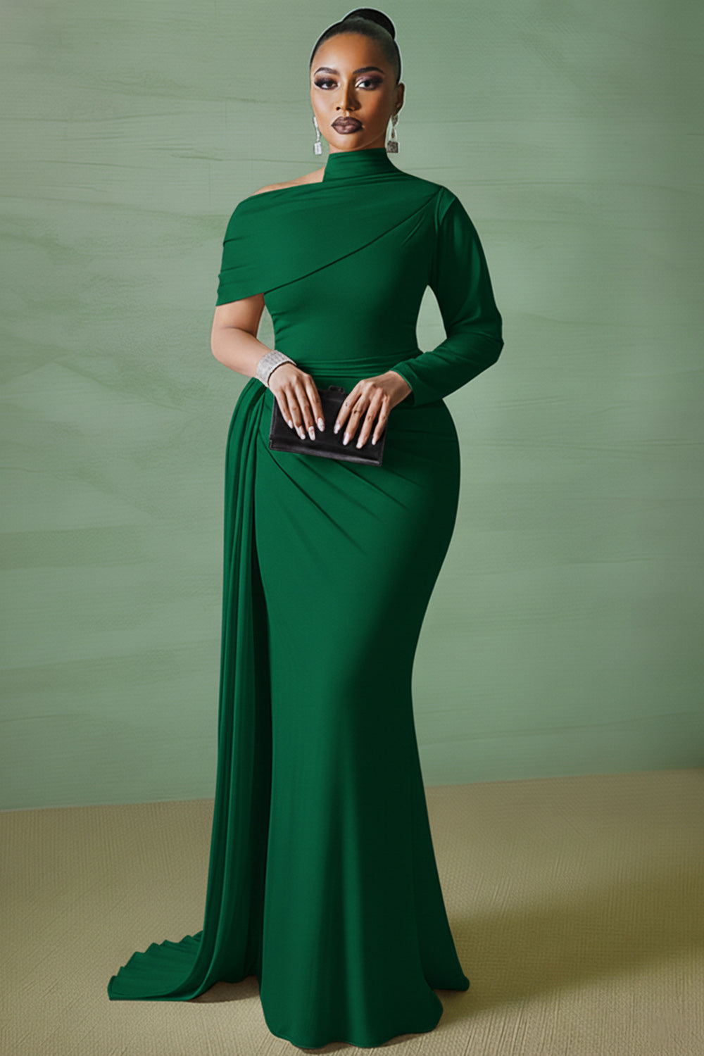 Asymmetric Mock Neck Long Sleeve Sash Party Maxi Dresses-White