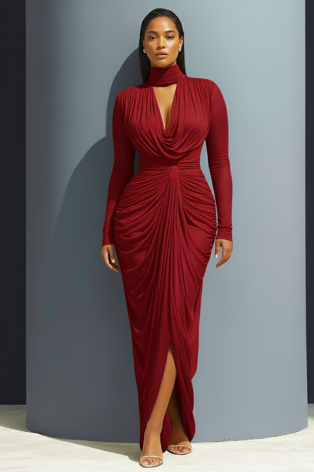 Cowl High Neck Ruched Wedding Guest Party Maxi Dresses-White