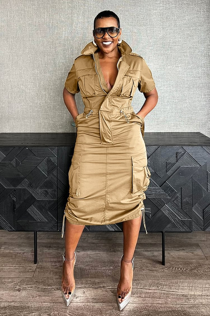 Stand Collar Zipper Drawstring Waist Pocket Midi Dresses-Green