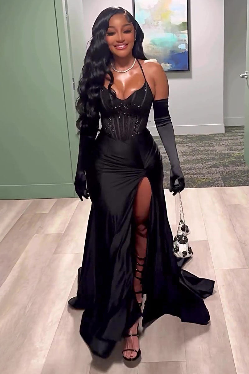 Halter Mermaid Hem High Slit Party Corset Maxi Dresses