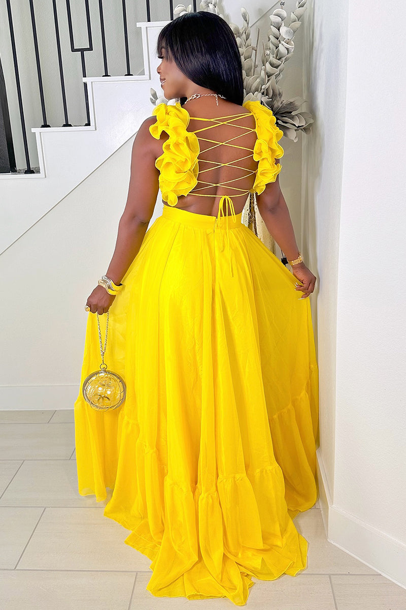 Ruffled Lace Up Backless Deep V Neck Tiered Maxi Dresses-Yellow