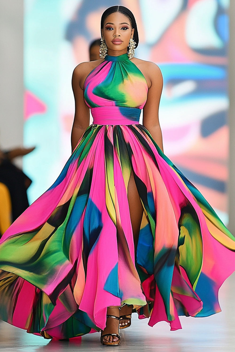 Halter Gathered Irregular Hem Print Party Maxi Dresses-Multicolor