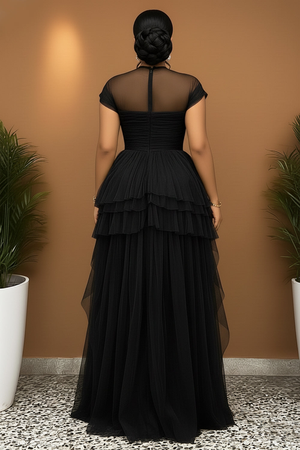 Short Sleeve Cinch Waist High Slit Tulle Gowns Maxi Dresses-Green