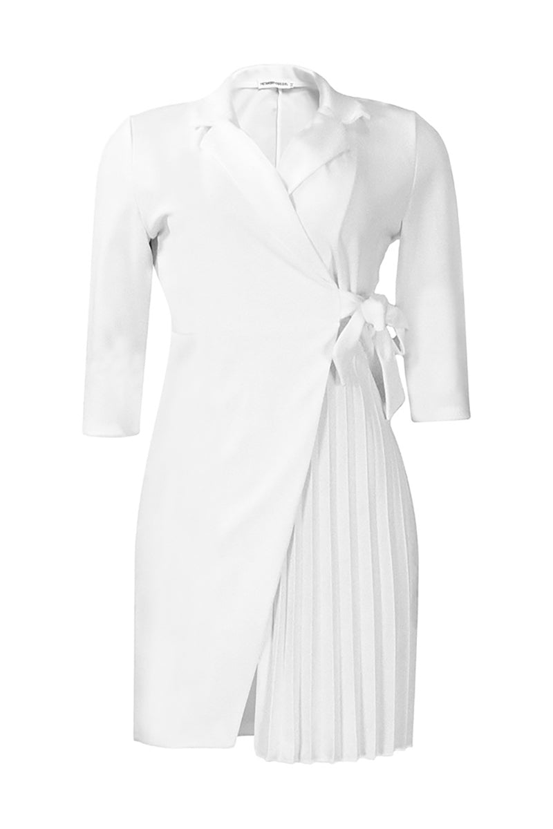 Notch Lapel 3/4 Sleeve Tie Up Pleated White Blazer Mini Dresses