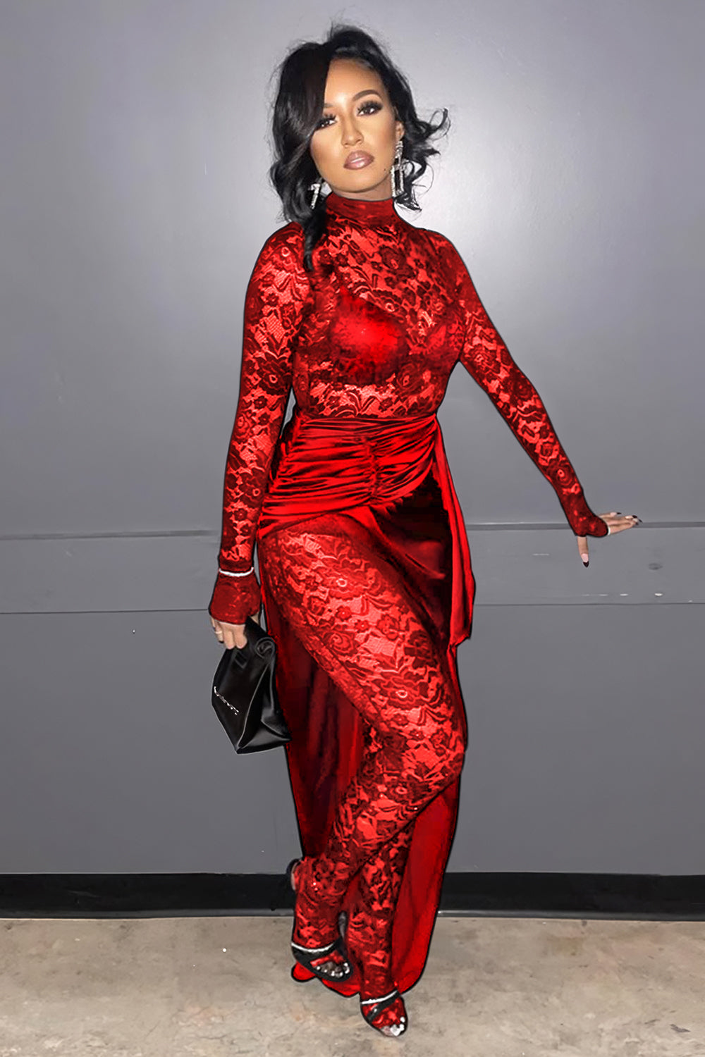 Mock Neck Bodycon Lace Jumpsuit Maxi Skirt Party 2pcs Set-Black