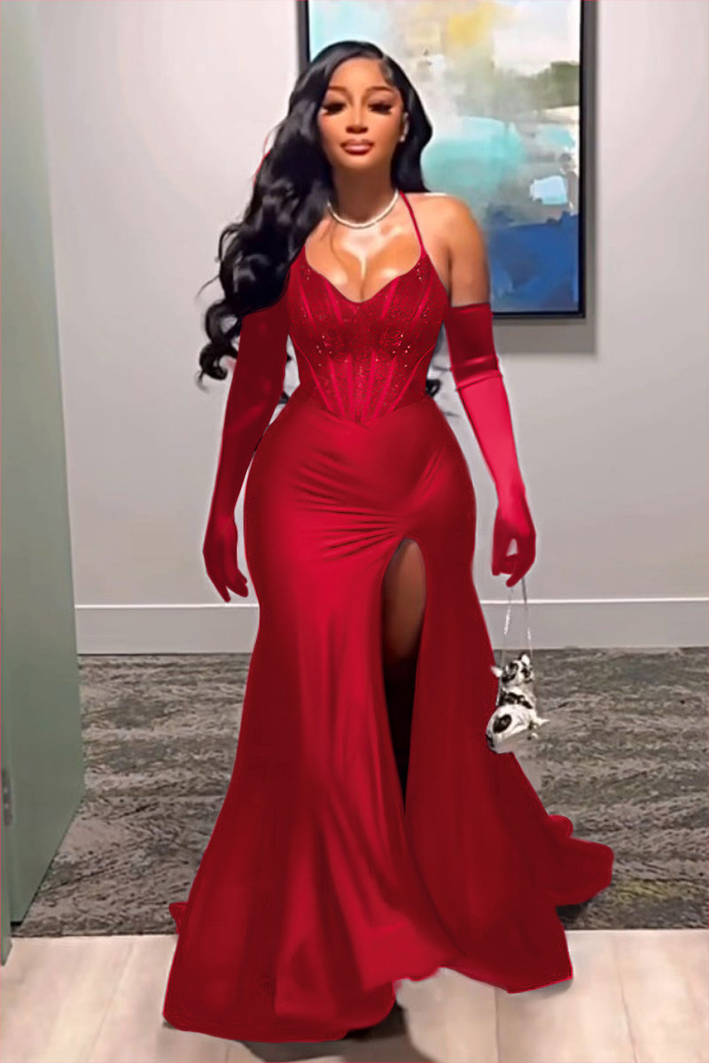 Halter Mermaid Hem High Slit Party Corset Maxi Dresses