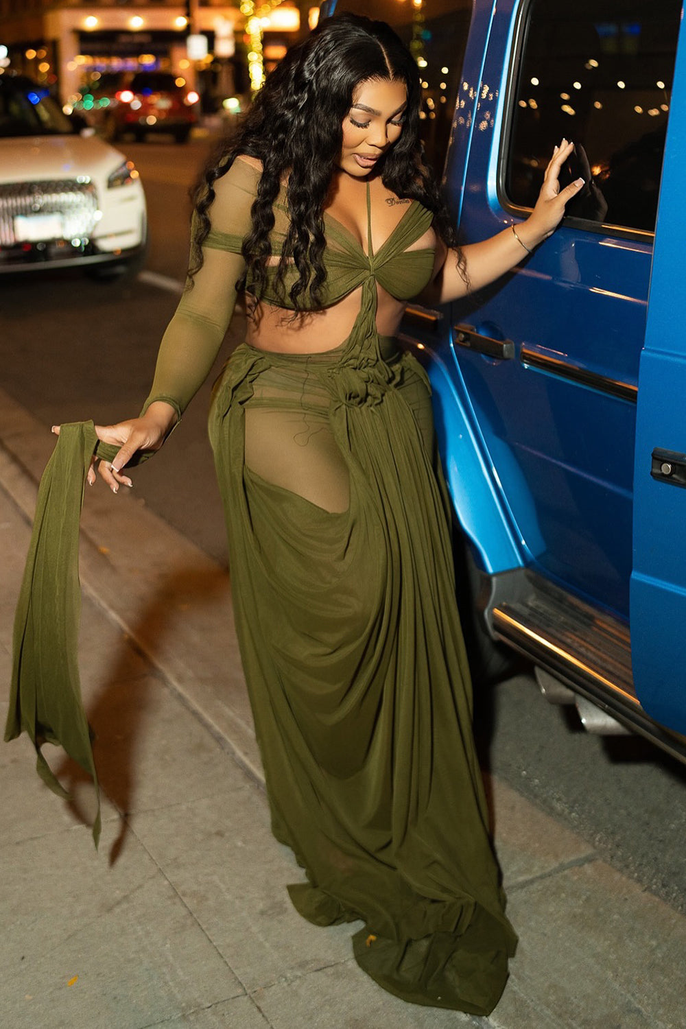 Mesh Ruched Sash Sleeve Semi-Sheer Party Maxi Dresses-Olive