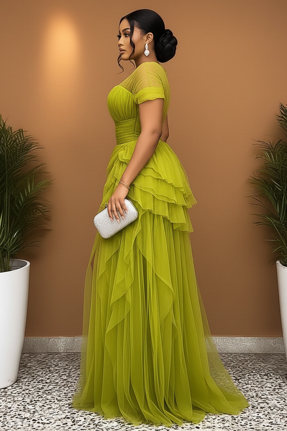 Short Sleeve Cinch Waist High Slit Tulle Gowns Maxi Dresses-Green