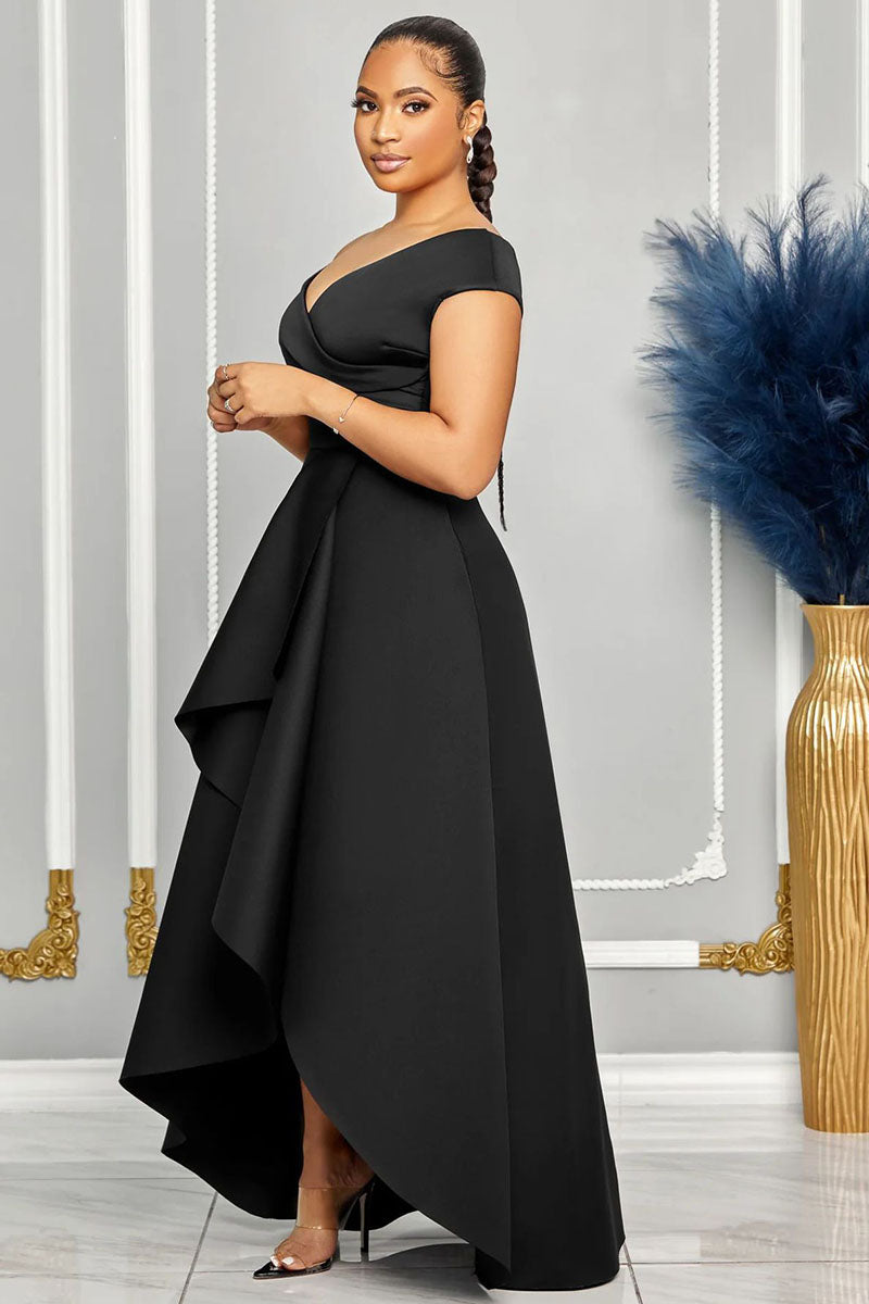 V Neck A-Line Ruffled Trim Wide Hem Pocket Evening Gowns Maxi Dresses-Black