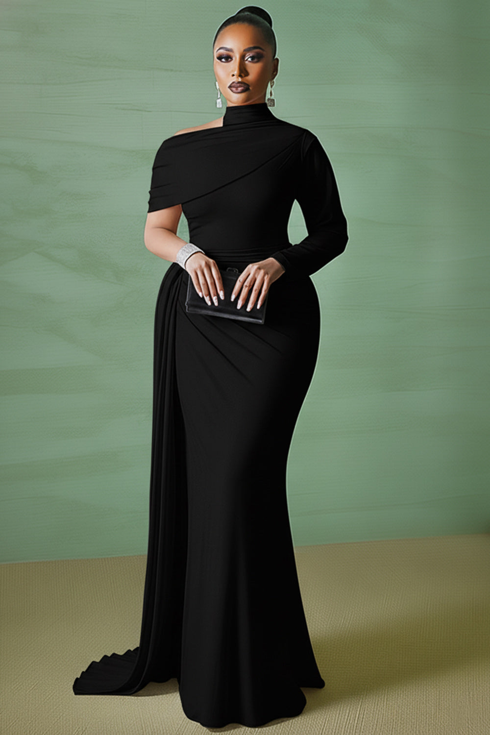 Asymmetric Mock Neck Long Sleeve Sash Party Maxi Dresses-White