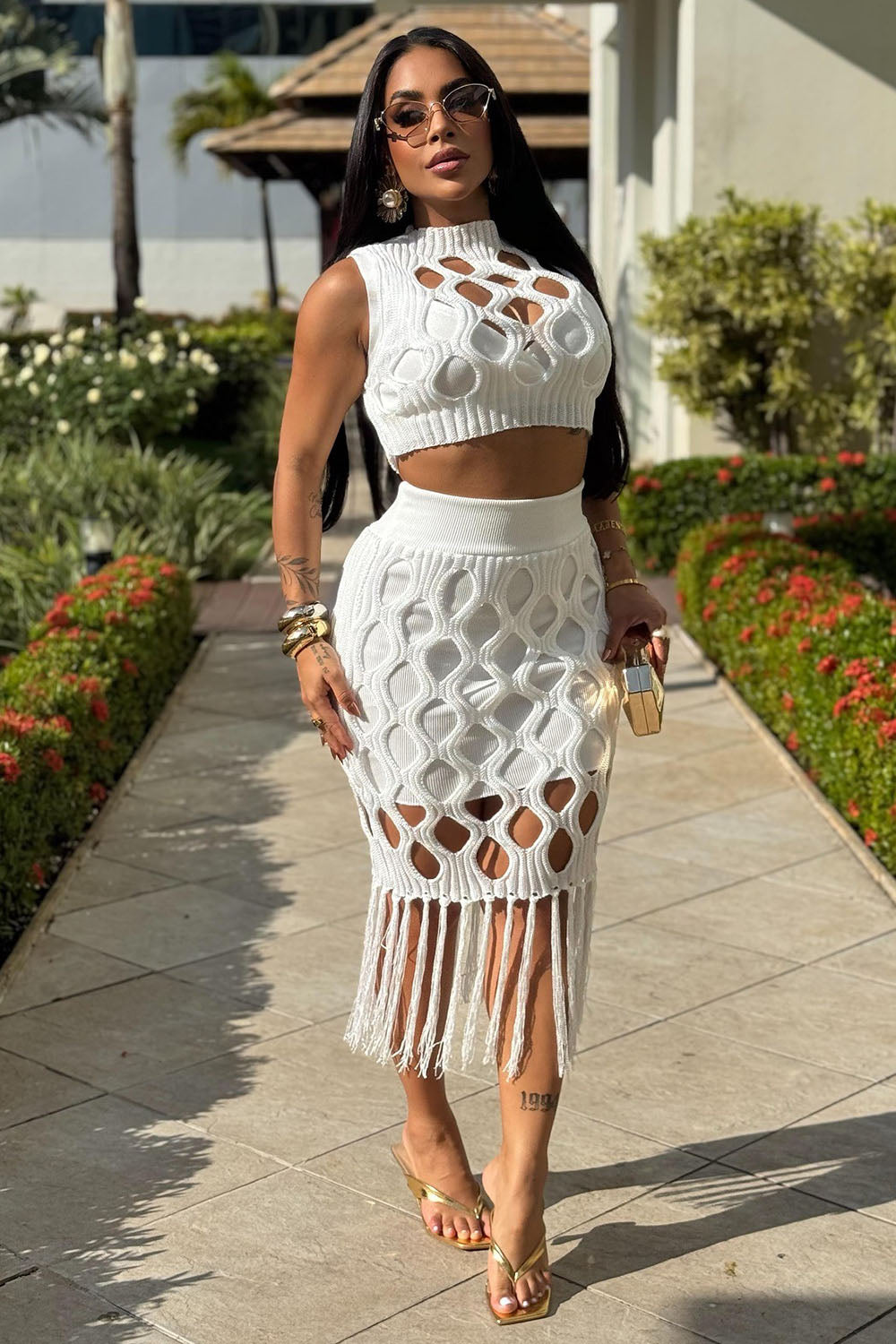 Knit Cutout Crop Vest Fringe Midi Skirt Vacation 2pcs Set-White