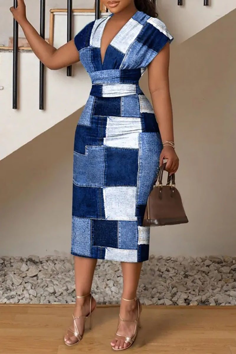Denim Print Deep V Neck Short Sleeve Bodycon Midi Dresses