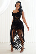 Strapless Semi-Sheer Corset Fringe Party Maxi Dresses-Black