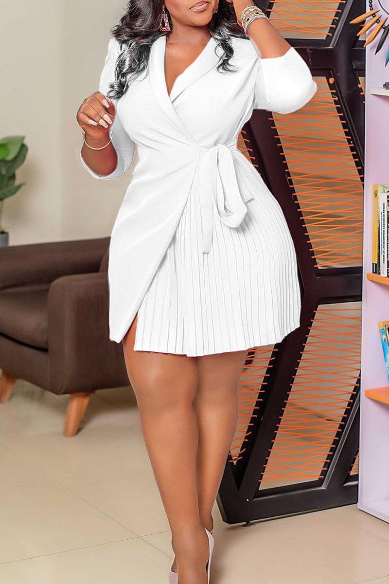 Notch Lapel 3/4 Sleeve Tie Up Pleated White Blazer Mini Dresses