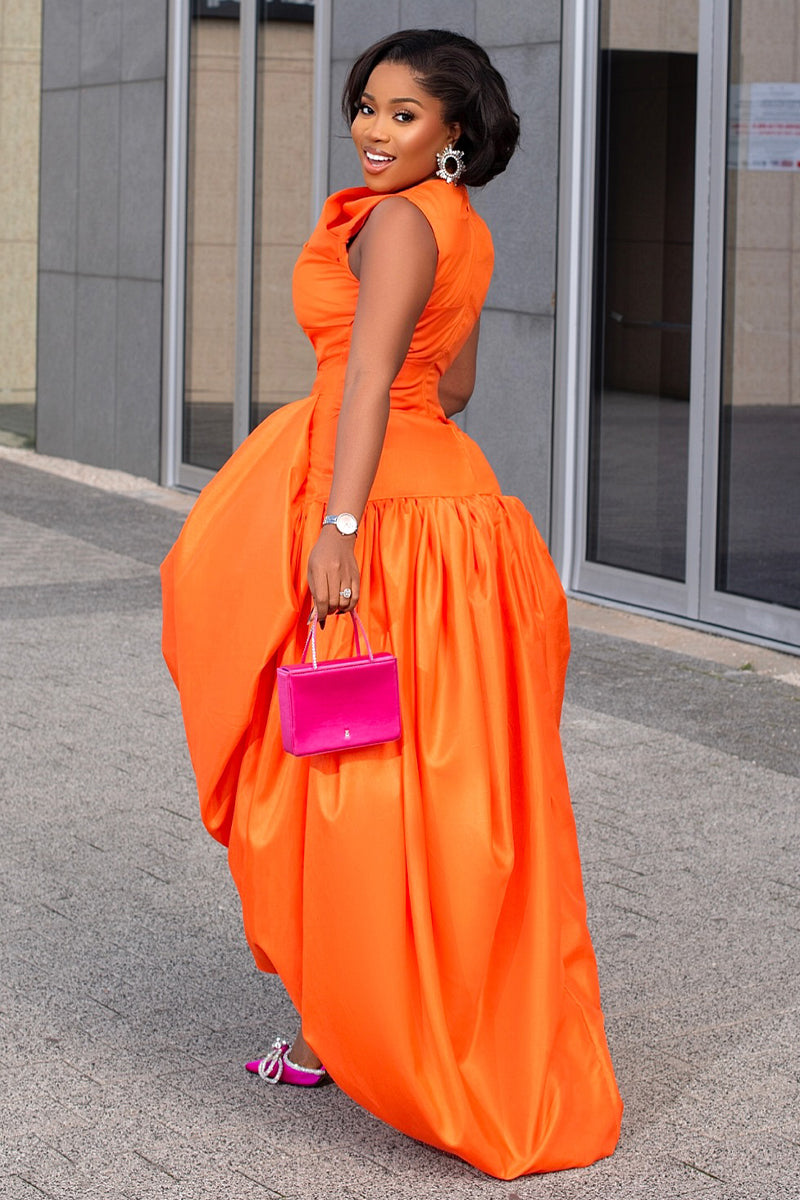 Sleeveless Cinch Waist Party Bubble Mullet Maxi Dresses-Orange