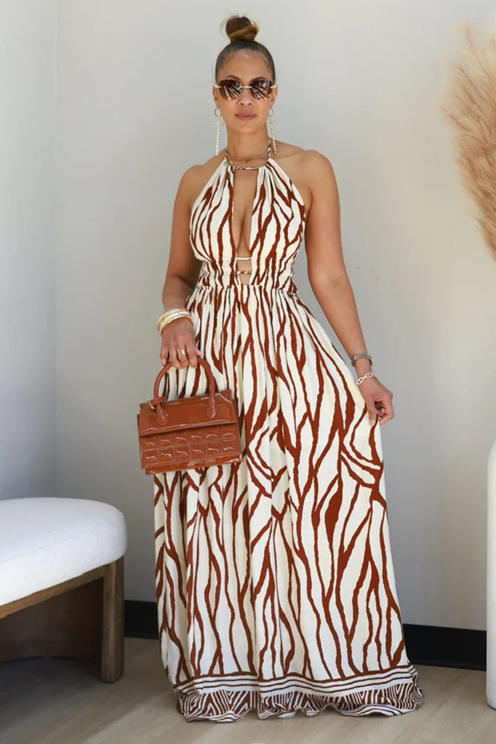 Deep V Halter Backless Boho Print Vacation Maxi Dresses-Brown