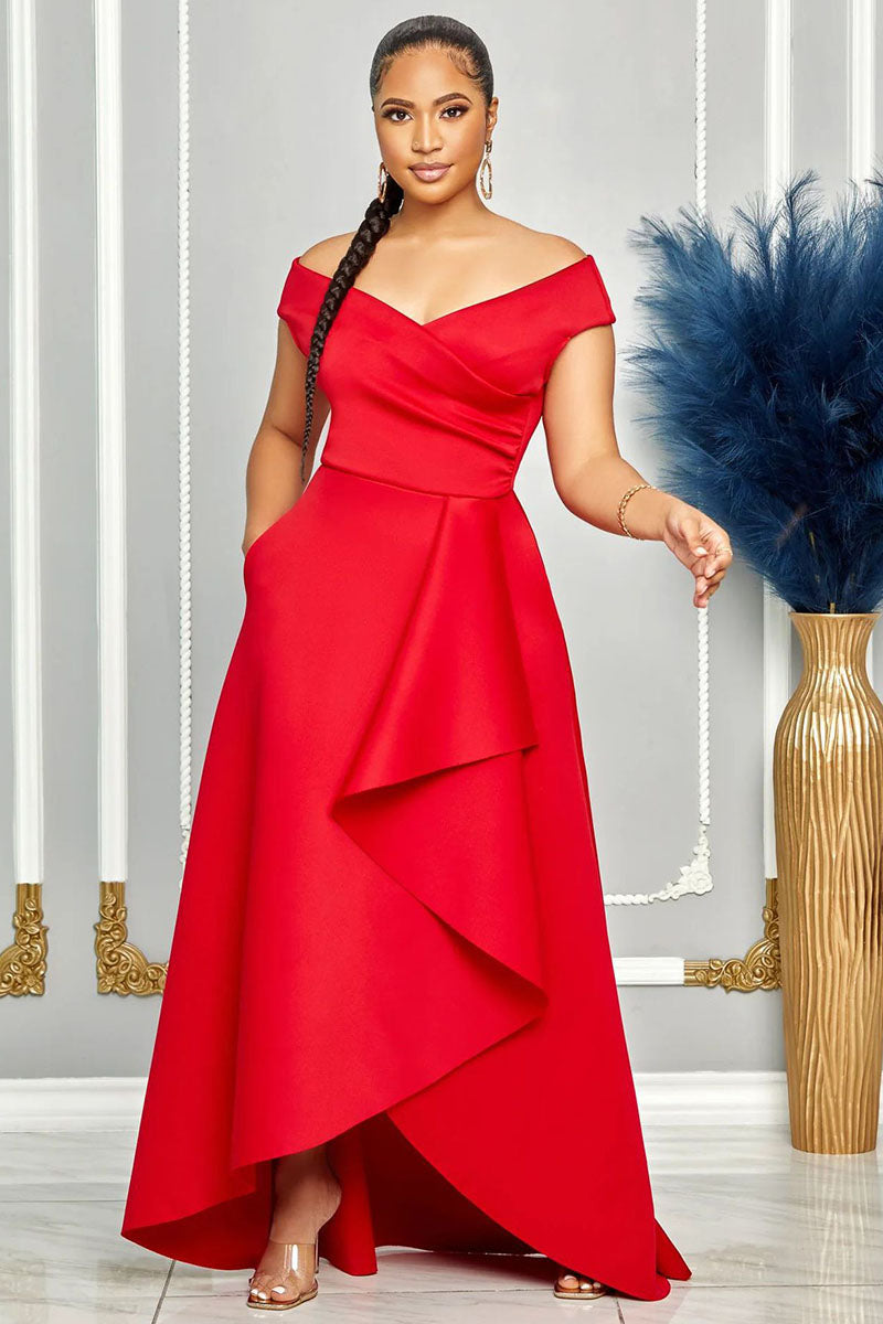 V Neck A-Line Ruffled Trim Wide Hem Pocket Evening Gowns Maxi Dresses-Black