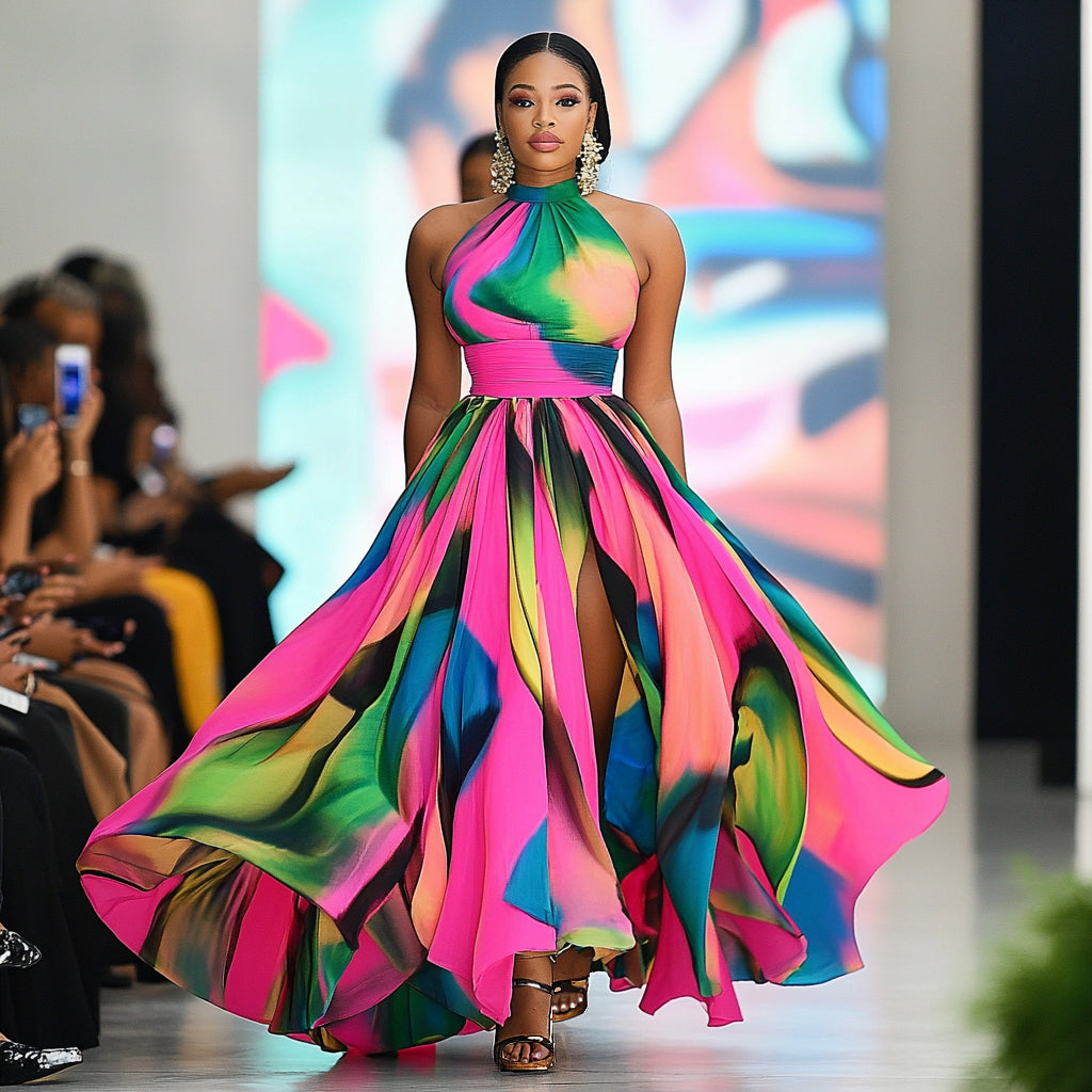 Halter Gathered Irregular Hem Print Party Maxi Dresses-Multicolor