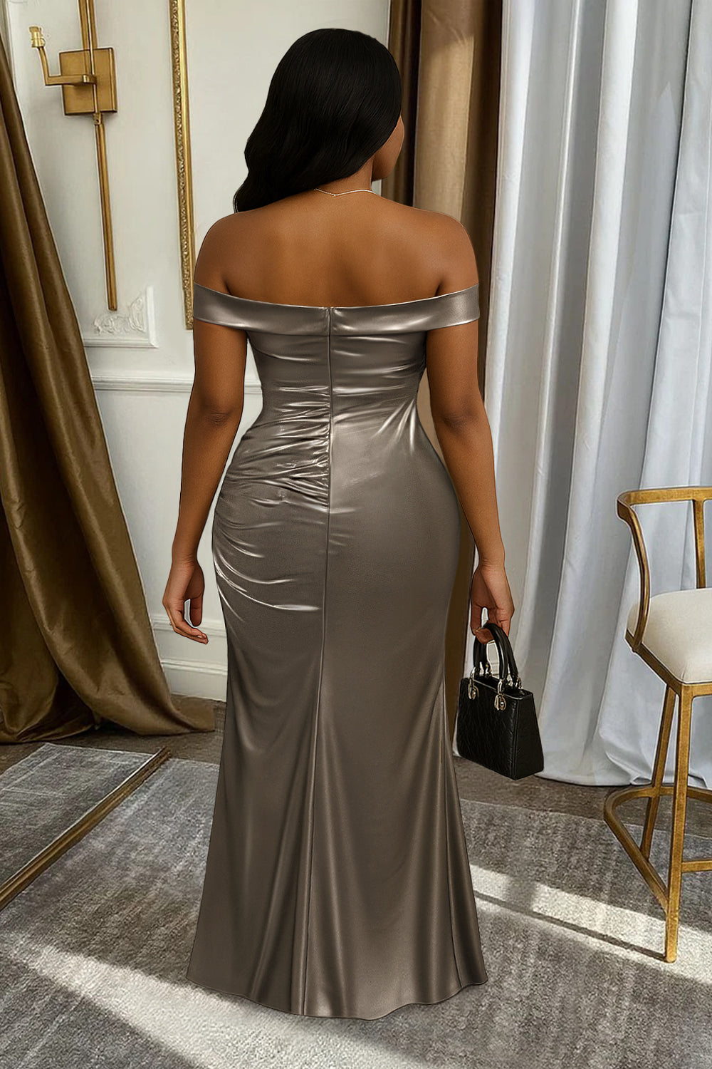 Off Shoulder Wrinkle Slit Metallic Party Maxi Dresses-Champagne