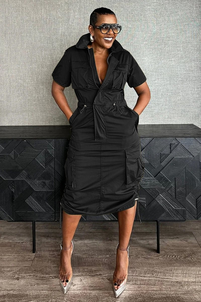 Stand Collar Zipper Drawstring Waist Pocket Midi Dresses-Green