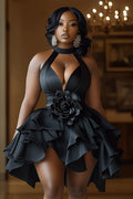 3D Flower Decor Irregular Ruffled Sleeveless Mini Dresses-Black