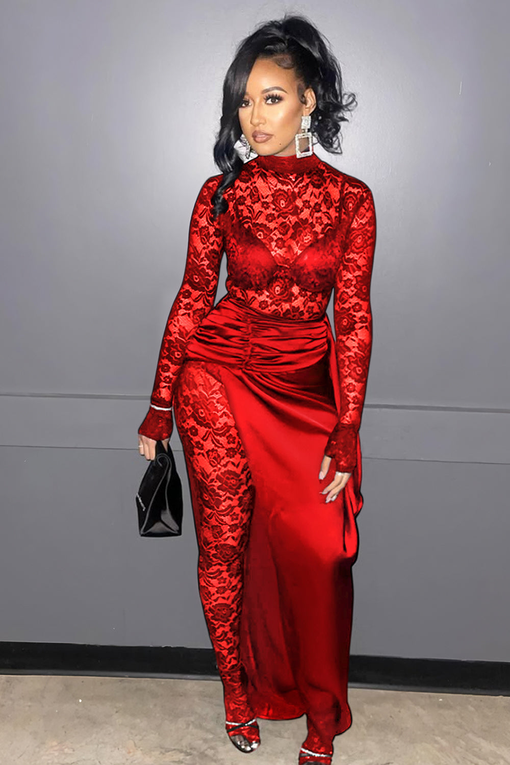 Mock Neck Bodycon Lace Jumpsuit Maxi Skirt Party 2pcs Set-Black