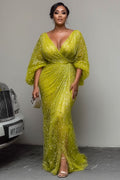 Surplice Neck 3/4 Sleeve Sequin Mesh Party Maxi Dresses-Green